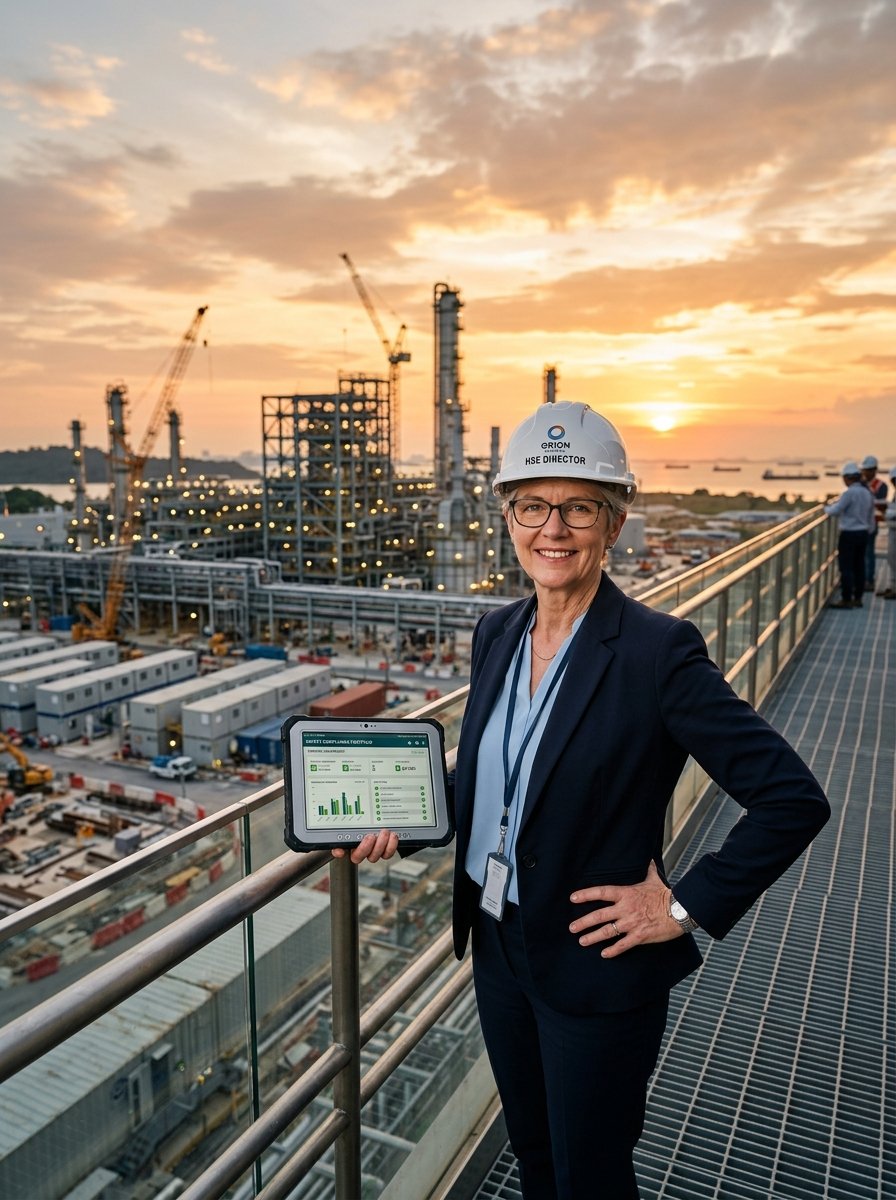 Senior HSE Manager and Safety Director holding a digital compliance portfolio at a major industrial project